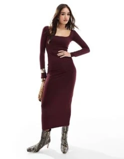 Bershka Long Sleeve Square Neck Bodycon Midaxi Dress In Burgundy For Women -Chic Maze Sales 207299836 1 burgundy 1