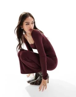 Bershka Long Sleeve Square Neck Bodycon Midaxi Dress In Burgundy For Women -Chic Maze Sales 207299836 3