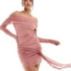 Bershka Bardot Mini Dress With Ruched Detail In Baby Pink For Women -Chic Maze Sales 207299935 1 pink