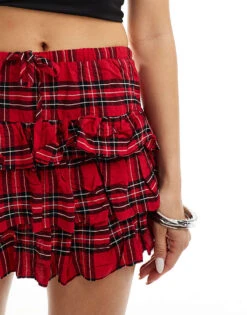 Bershka Ruffled Tiered Mini Skirt In Red & Black Check For Women Multi -Chic Maze Sales 207299972 4