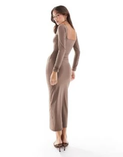 Bershka Long Sleeve Square Neck Bodycon Midaxi Dress In Beige For Women -Chic Maze Sales 207299986 4