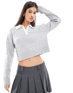 Bershka Cable Knit Contrast Collar Jumper In Grey & Ecru For Women -Chic Maze Sales 207309902 1 grey 1