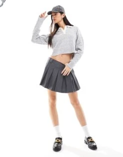 Bershka Cable Knit Contrast Collar Jumper In Grey & Ecru For Women -Chic Maze Sales 207309902 2