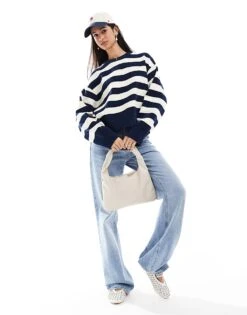 Bershka Chunky Crew Neck Jumper In Navy & White Stripe For Women Blue -Chic Maze Sales 207309908 2