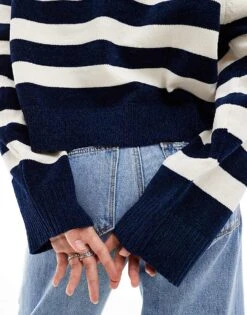 Bershka Chunky Crew Neck Jumper In Navy & White Stripe For Women Blue -Chic Maze Sales 207309908 3