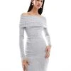Bershka Knit Bardot Midi Dress In Grey For Women