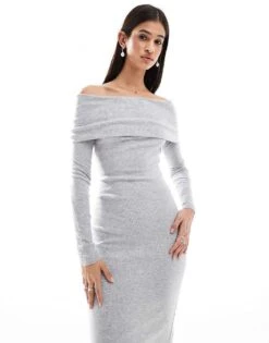 Bershka Knit Bardot Midi Dress In Grey For Women