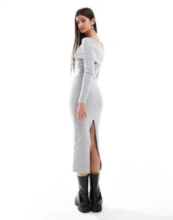 Bershka Knit Bardot Midi Dress In Grey For Women -Chic Maze Sales 207309915 4