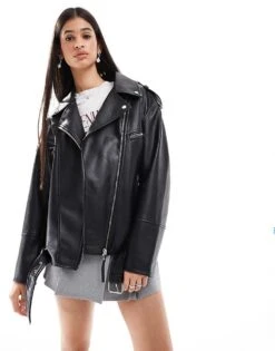 Bershka Oversized Faux Leather Biker Jacket In Black For Women -Chic Maze Sales 207309928 1 black 1