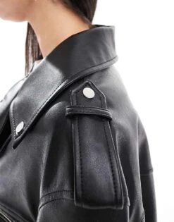 Bershka Oversized Faux Leather Biker Jacket In Black For Women -Chic Maze Sales 207309928 3