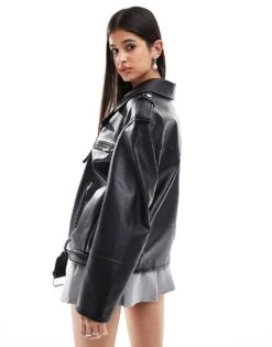 Bershka Oversized Faux Leather Biker Jacket In Black For Women -Chic Maze Sales 207309928 4