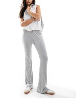 Bershka Ribbed Wide Leg Trousers In Grey Marl For Women -Chic Maze Sales 207309934 1 grey 1