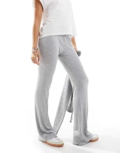 Bershka Ribbed Wide Leg Trousers In Grey Marl For Women -Chic Maze Sales 207309934 3