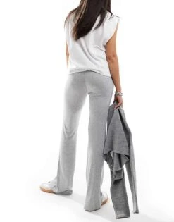 Bershka Ribbed Wide Leg Trousers In Grey Marl For Women -Chic Maze Sales 207309934 4