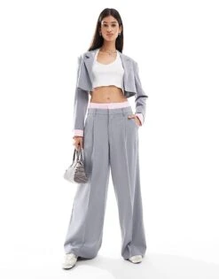 Bershka Striped Waistband Wide Leg Tailored Trousers Co-ord In Grey For Women -Chic Maze Sales 207310019 1 grey 1