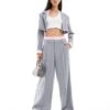 Bershka Striped Waistband Wide Leg Tailored Trousers Co-ord In Grey For Women -Chic Maze Sales 207310019 1 grey
