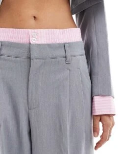 Bershka Striped Waistband Wide Leg Tailored Trousers Co-ord In Grey For Women -Chic Maze Sales 207310019 2