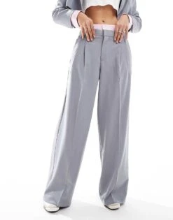 Bershka Striped Waistband Wide Leg Tailored Trousers Co-ord In Grey For Women -Chic Maze Sales 207310019 3