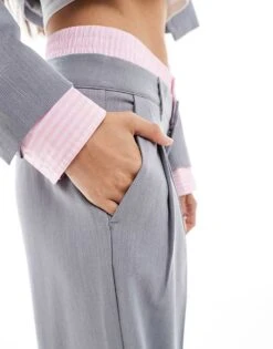 Bershka Striped Waistband Wide Leg Tailored Trousers Co-ord In Grey For Women -Chic Maze Sales 207310019 4