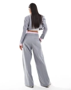 Bershka Striped Waistband Wide Leg Tailored Trousers Co-ord In Grey For Women -Chic Maze Sales 207310019 5