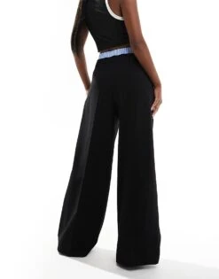 Bershka Striped Waistband Wide Leg Tailored Trousers In Black & Blue For Women Multi -Chic Maze Sales 207310031 2