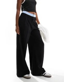 Bershka Striped Waistband Wide Leg Tailored Trousers In Black & Blue For Women Multi -Chic Maze Sales 207310031 3