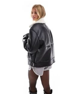 Bershka Shearling Trim Aviator Jacket In Black & Cream For Women -Chic Maze Sales 207311004 3