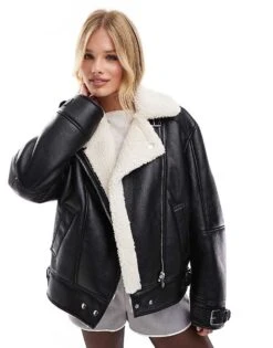 Bershka Shearling Trim Aviator Jacket In Black & Cream For Women -Chic Maze Sales 207311004 4
