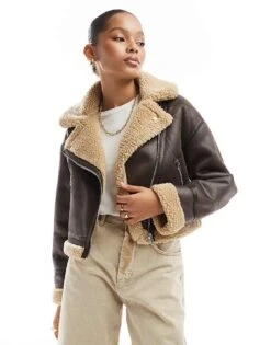Bershka Contrast Shearling Jacket In Brown & Ecru For Women Multi