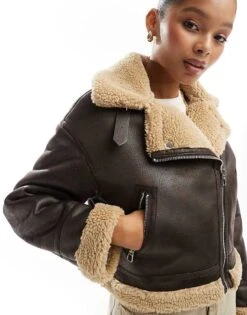Bershka Contrast Shearling Jacket In Brown & Ecru For Women Multi -Chic Maze Sales 207311089 3