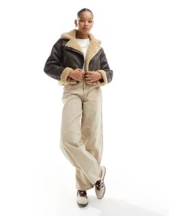 Bershka Contrast Shearling Jacket In Brown & Ecru For Women Multi -Chic Maze Sales 207311089 4