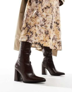 Bershka Pointed Toe Calf Length Heeled Boots In Burgundy For Women Burgandy -Chic Maze Sales 207319762 1 burgandy 1