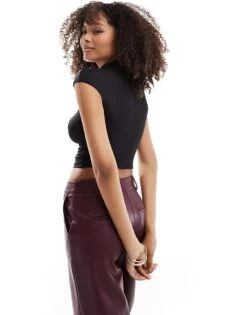 Bershka High Neck Polyamide Ruched Side Top In Black For Women -Chic Maze Sales 207324581 2