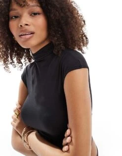 Bershka High Neck Polyamide Ruched Side Top In Black For Women -Chic Maze Sales 207324581 3