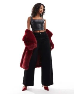 Bershka Faux Leather Milkmaid Top In Black For Women -Chic Maze Sales 207324583 2