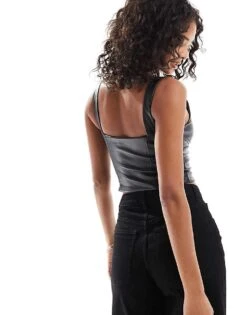 Bershka Faux Leather Milkmaid Top In Black For Women -Chic Maze Sales 207324583 4