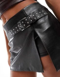 Bershka Belted Faux Leather Mini Skirt In Black For Women -Chic Maze Sales 207324602 3