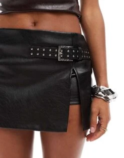 Bershka Belted Faux Leather Mini Skirt In Black For Women -Chic Maze Sales 207324602 5