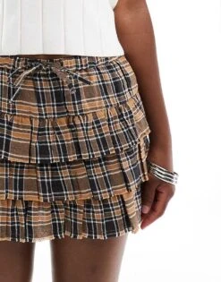 Bershka Tie Waist Tiered Mini Skirt In Brown Check For Women -Chic Maze Sales 207324616 4