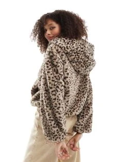 Bershka Hooded Faux Fur Jacket In Leopard Print For Women Multi -Chic Maze Sales 207324623 3