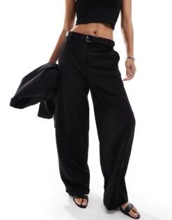 Bershka Wide Leg Belted Tailored Trousers Co-ord In Black For Women -Chic Maze Sales 207324627 2