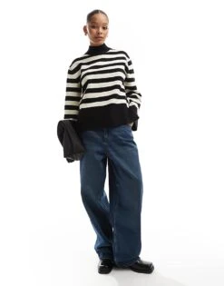 Bershka High Neck Striped Jumper In Black For Women -Chic Maze Sales 207324664 3