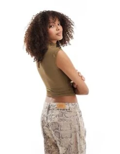 Bershka High Neck Polyamide Ruched Side Top In Khaki For Women -Chic Maze Sales 207324706 2