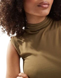 Bershka High Neck Polyamide Ruched Side Top In Khaki For Women -Chic Maze Sales 207324706 4