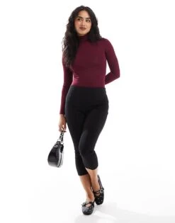 Bershka High Neck Long Sleeve Bodysuit In Burgundy For Women Red -Chic Maze Sales 207324722 2