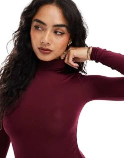 Bershka High Neck Long Sleeve Bodysuit In Burgundy For Women Red -Chic Maze Sales 207324722 3