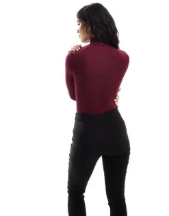 Bershka High Neck Long Sleeve Bodysuit In Burgundy For Women Red -Chic Maze Sales 207324722 4