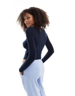 Bershka Long Sleeve Baby Tee In Navy Blue For Women Mblue -Chic Maze Sales 207324732 2