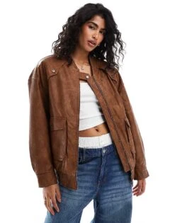 Bershka Faux Leather Oversized Bomber Jacket In Tobacco For Women Brown -Chic Maze Sales 207324799 1 brown 1