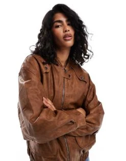 Bershka Faux Leather Oversized Bomber Jacket In Tobacco For Women Brown -Chic Maze Sales 207324799 3